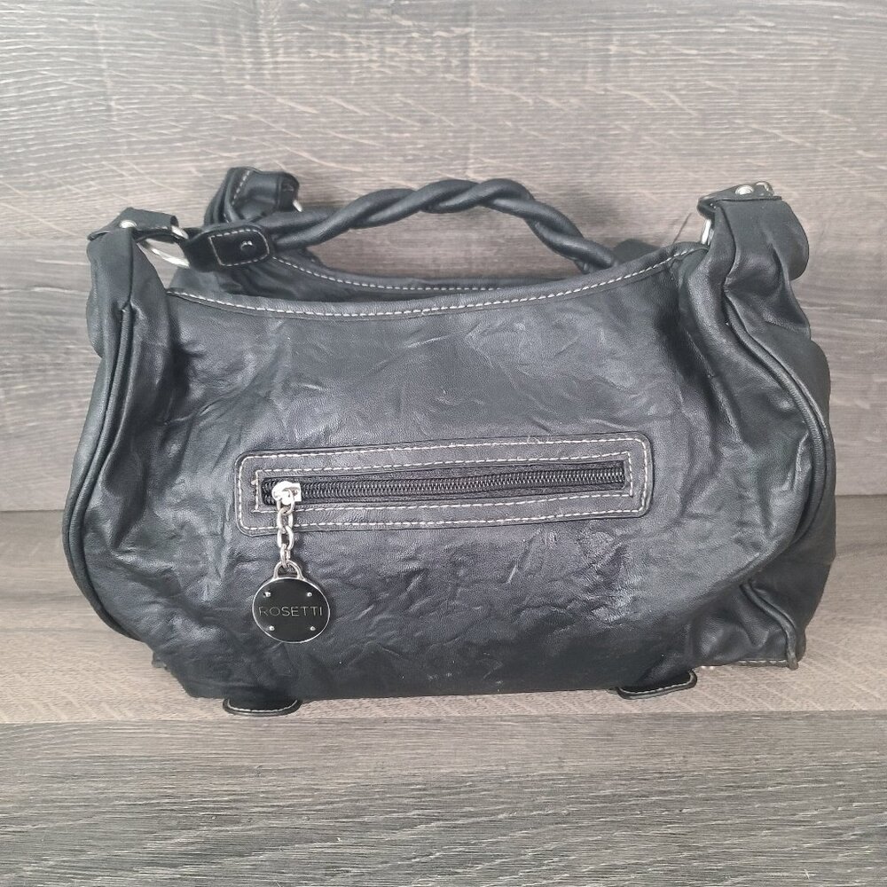 Rosetti Black Faux Leather Purse With Braided Straps and Pockets